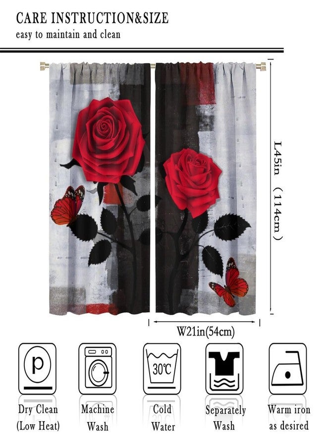 JanJCurt ستائر JanJCurt Red Rose Butterflys، لوحة فنية تجريدية حديثة باللون الأسود والرمادي والأحمر، ستائر نوافذ عتيقة الطراز لغرفة المعيشة وغرفة نوم الفتيات، مقاس 42 × 45 بوصة (بدون تعتيم) - Image 2